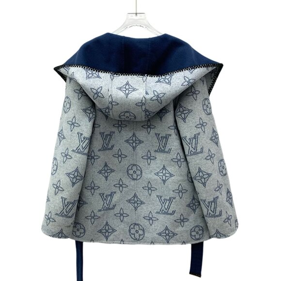 Louis Vuitton Womens Reversible Wool Hooded Belt Coat Blue Logo Print Size 36 XS - Picture 3 of 8